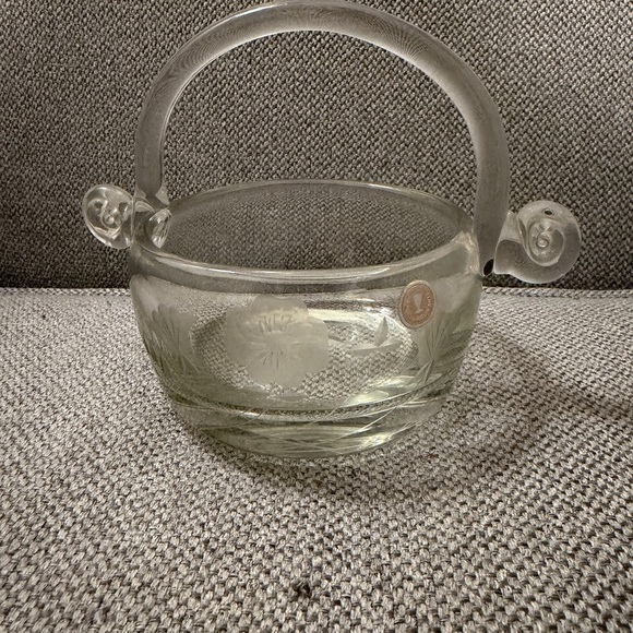 unmarked Other - Elegant Romanian Hand Blown Glass Etched Basket with Handle